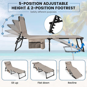 Folding Convertible Camping Lounger w/Face Hole & Pillows & Storage Pocket, 5-Position Adjustable Backrest