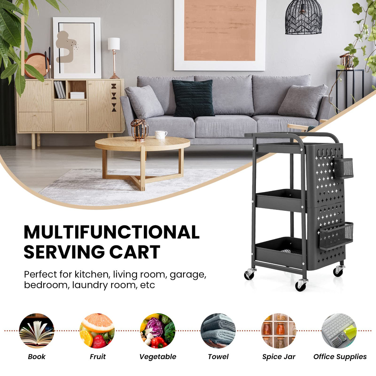 3-Tier Rolling Cart, Storage Trolley Organizer w/DIY Dual Pegboards, 2 Baskets, 4 Removable Hooks