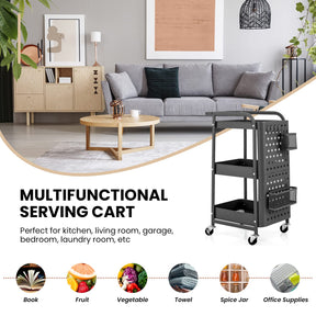 3-Tier Rolling Cart, Storage Trolley Organizer w/DIY Dual Pegboards, 2 Baskets, 4 Removable Hooks