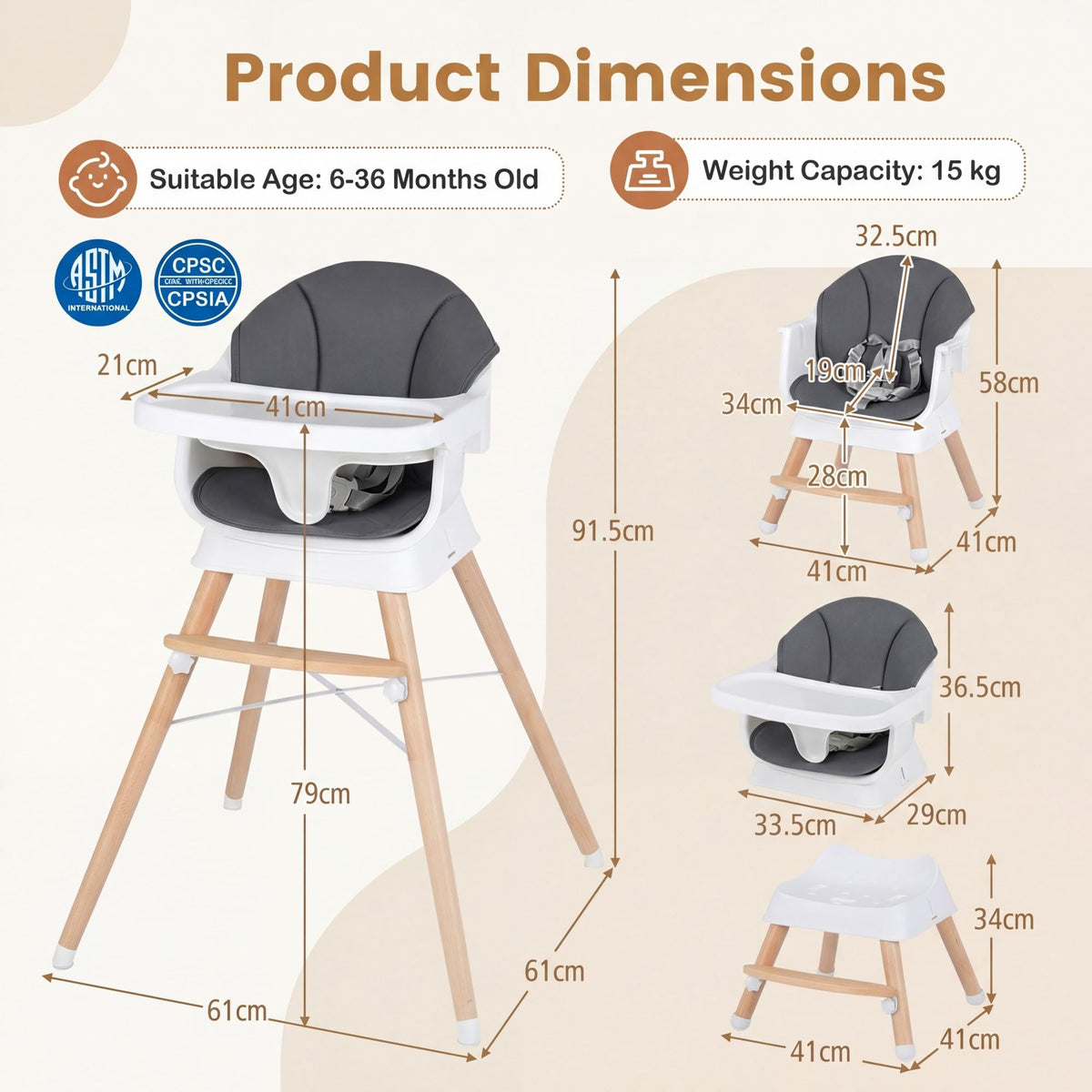 Convertible High Chair for Babies & Toddlers, Baby Feeding Chair w/3-Position Adjustable Tray & 5-Point Harness