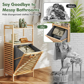 Bathroom Shelf w/Laundry Basket, Bathroom Shelf Made of Bamboo, Bathroom Cabinet w/ 2 Shelves for Bathroom Accessories