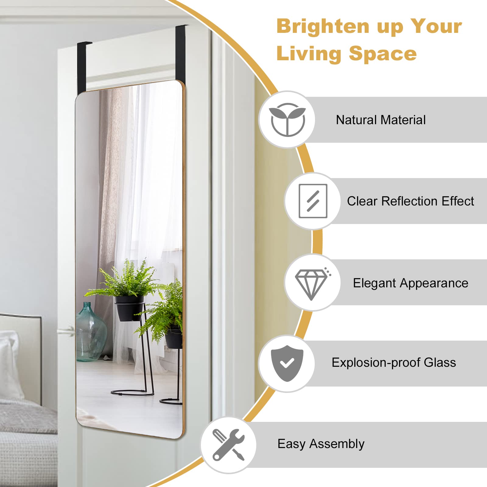 Giantex Full Length Mirror, Over The Door Mirror, Rectangle Wall Mounted Mirror w/ Bamboo Frame & Round Corners
