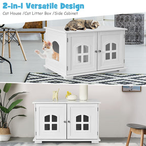 Cat Litter Box Enclosure Furniture Hidden, Wooden Washroom Storage Cabinet Bench w/Cross Windows