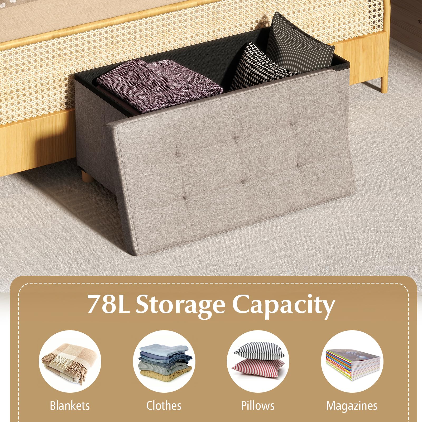 76cm Storage Ottoman Bench Linen Fabric End of Bed Bench
