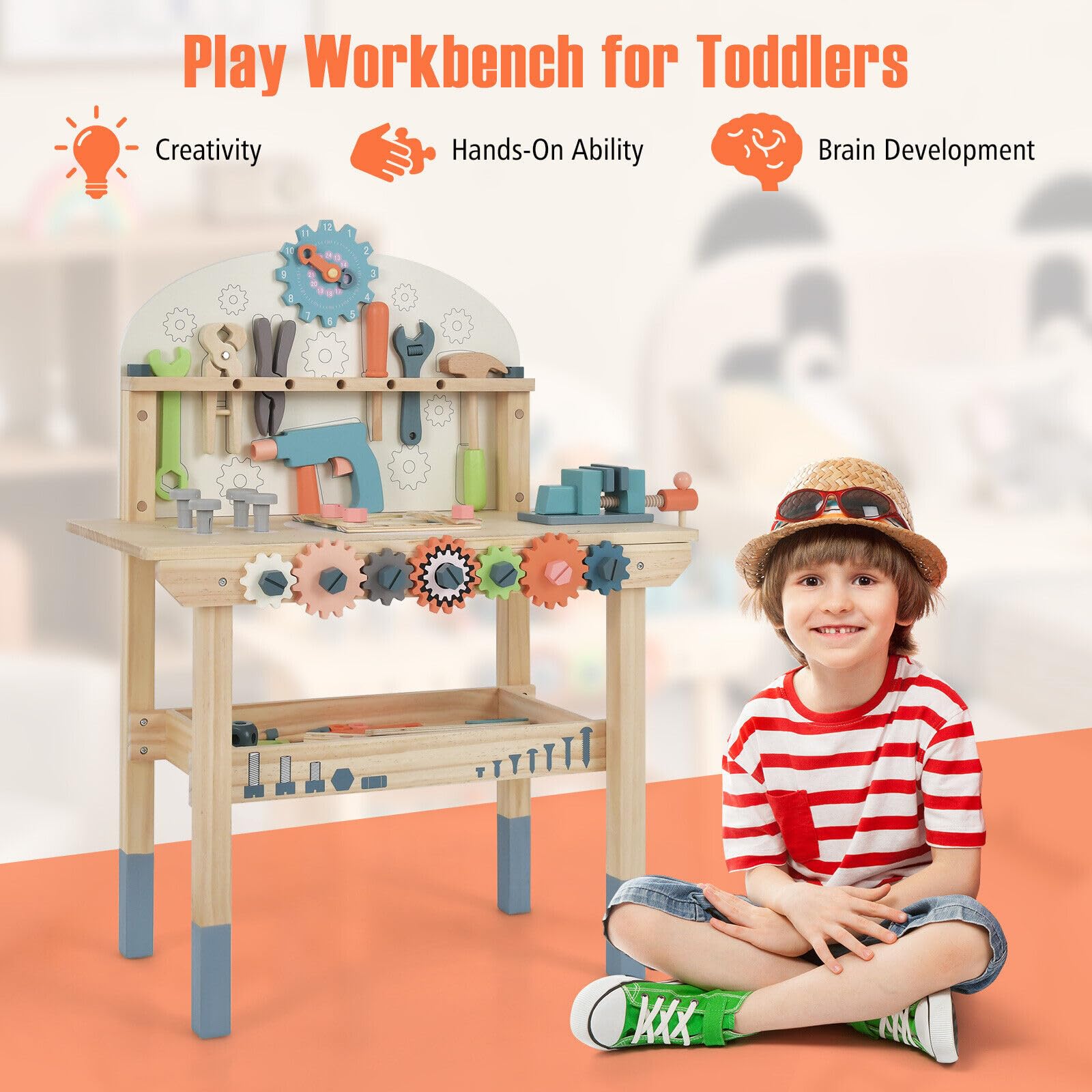 Kids Tool Bench, Wooden Pretend Workbench w/63 Toy Tools and Accessories