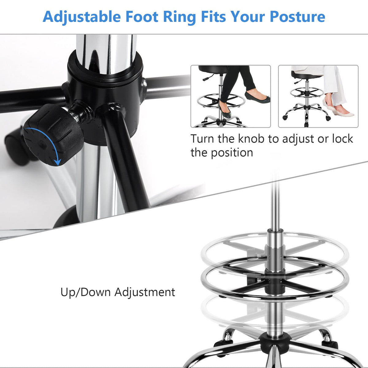 Ergonomic Drafting Chair 150 kg w/Backrest, Faux Leather Upholstered Rolling Stool w/Retractable Mid Back & Adjustable Foot Ring