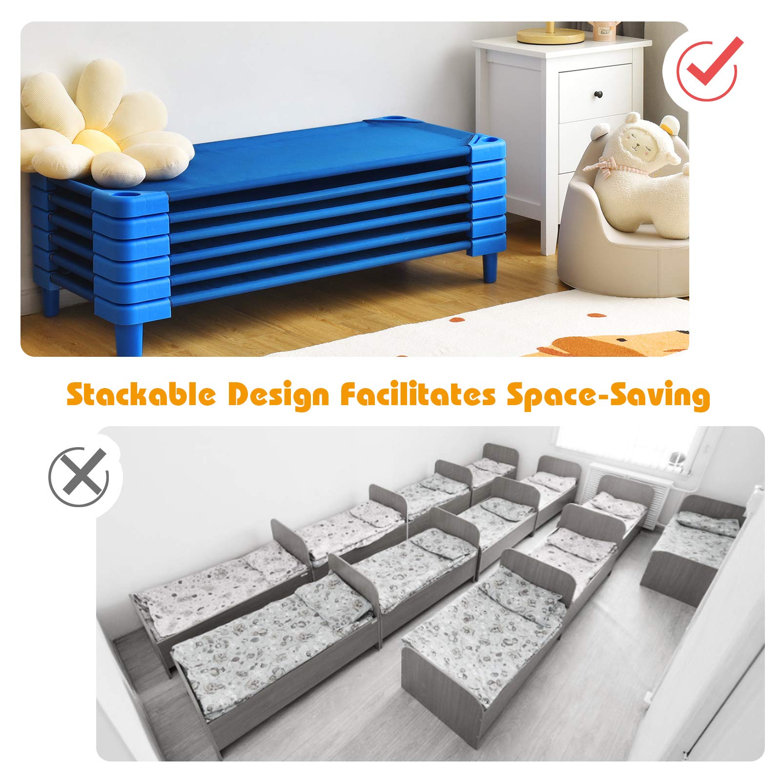 6 PCS Kids Stackable Daycare Cot, Pack of 6, 130cm x 57cm Portable Toddler Nap Mat w/Easy Lift Corners
