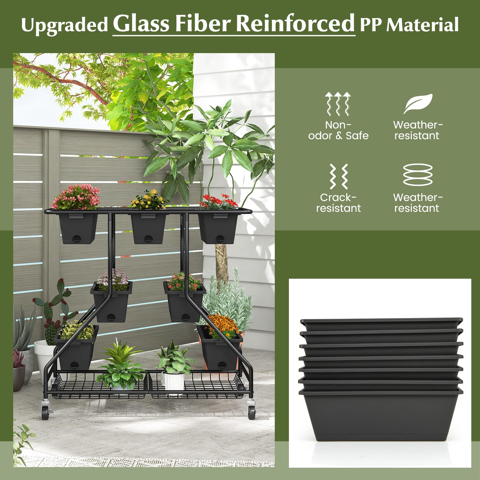 Vertical Raised Garden Bed w/7 Planter Boxes, Storage Baskets, Drainage Holes, 4 Lockable Casters
