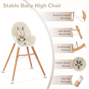 BABY JOY Baby High Chair, Wooden Highchair for Babies Infants w/Double 4-Gear Tray