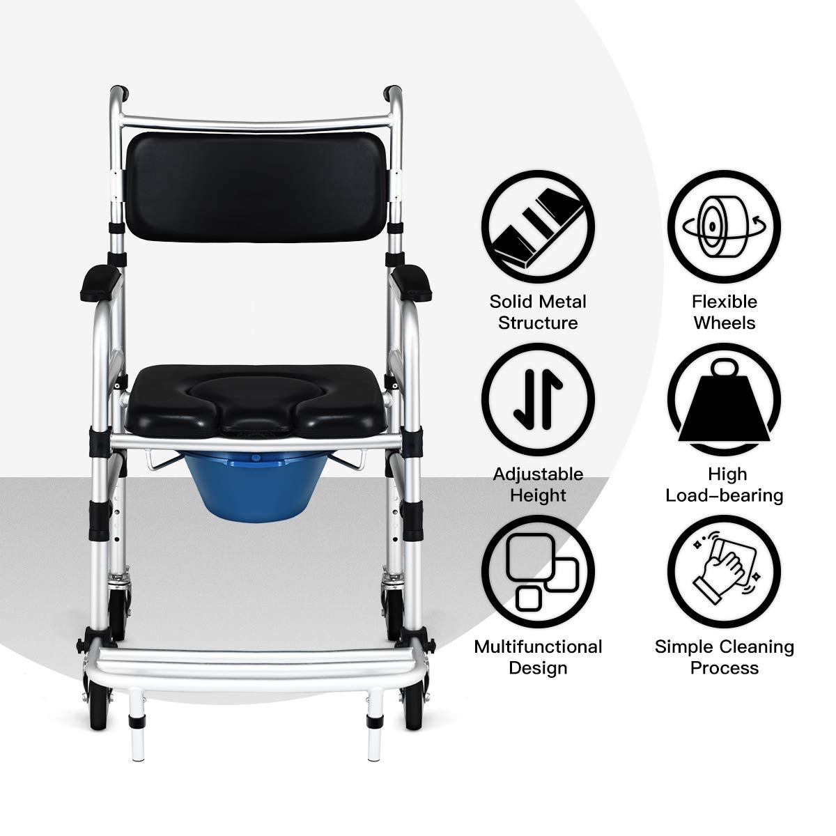 Toilet Commode Wheelchair, Multifunctional Rolling Commode Chair w/ 5-Level Adjustable Height & Removable Toilet