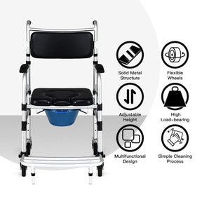Toilet Commode Wheelchair, Multifunctional Rolling Commode Chair w/ 5-Level Adjustable Height & Removable Toilet
