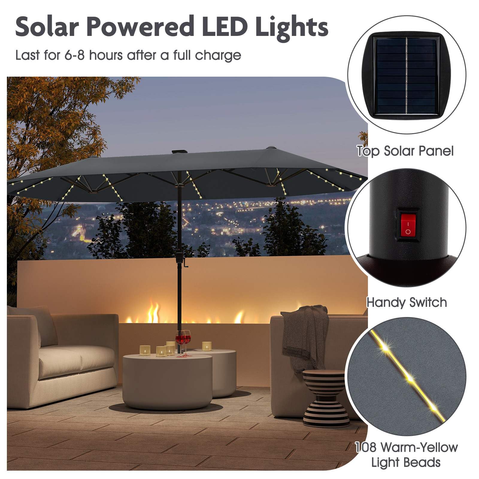 3.9 m Large Patio Umbrella w/LED Solar Lights