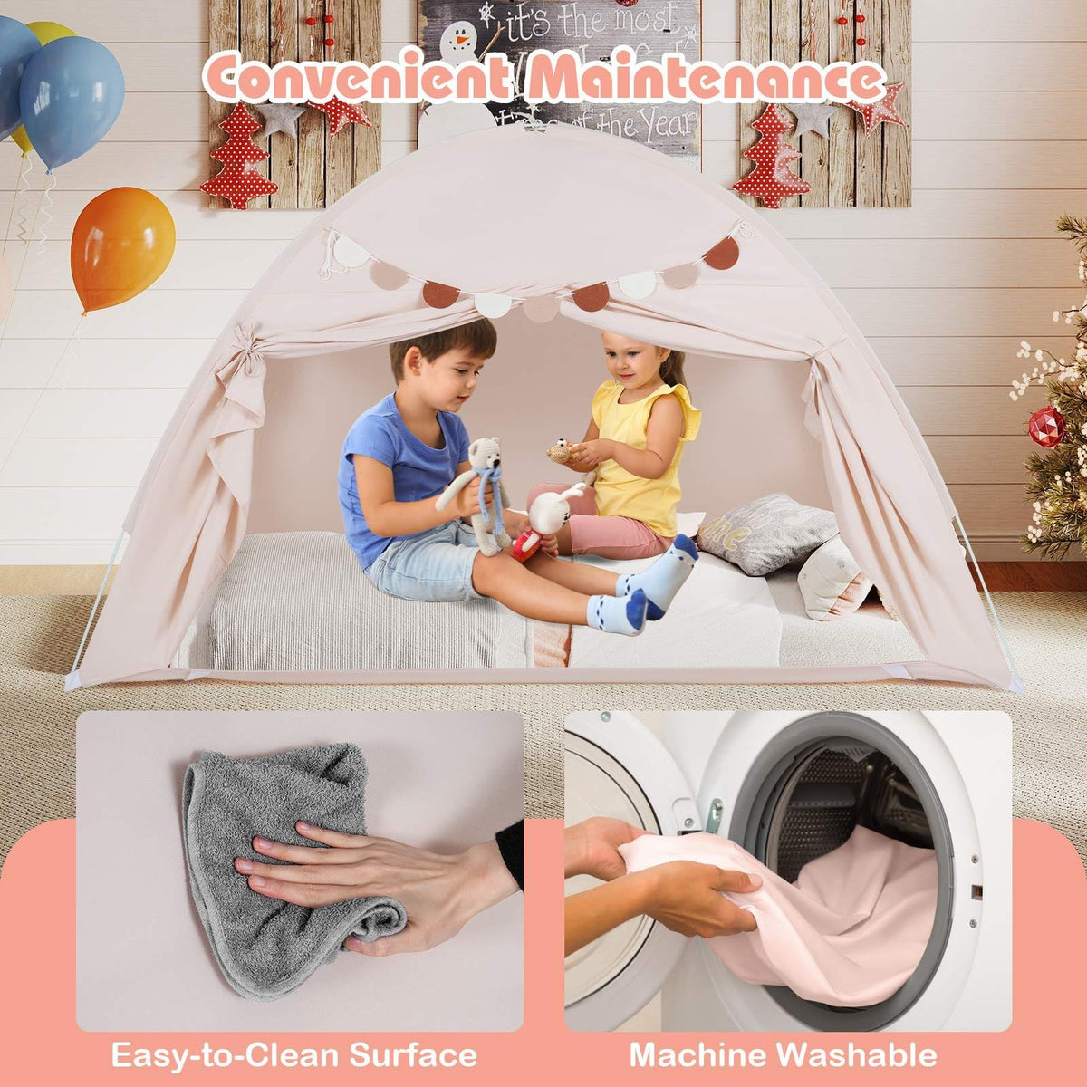 Twin Full Size Bed Tent for Kids, Foldable & Portable Canopy Tent on Twin Bunk Bed with 2 Windows and Flags
