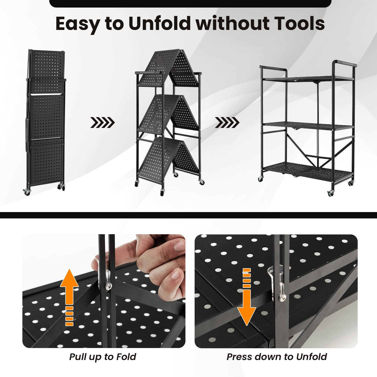 Giantex Foldable Storage Shelves on Wheels, 3-Tier Heavy-Duty Steel Rack with 2 Lockable Casters