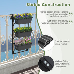 Hanging Vertical Planter, Self-Watering Wall-Mounted Adjustable Railing Planter with 3 Planter Boxes & Detachable Hooks for Flowers