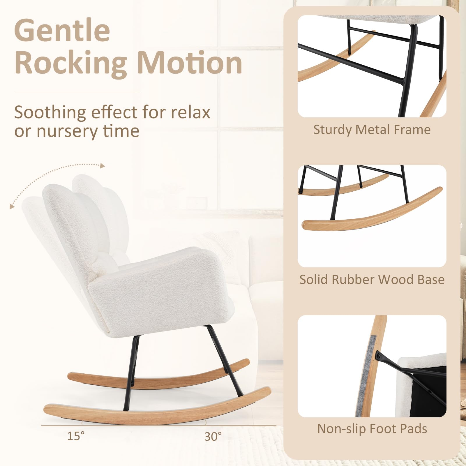 Teddy Fleece Fabric Upholstered Glider Chair Rocking Chair w/ Comfy Backrest