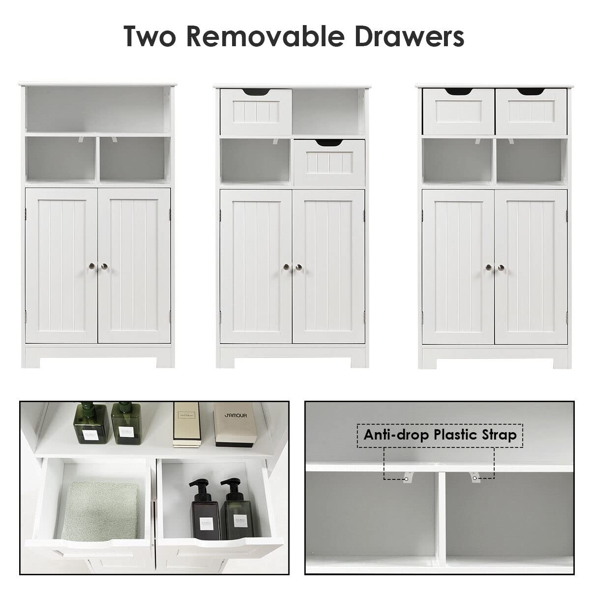 Bathroom Floor Cabinet, Storage Cabinet w/One Open Shelf Two Doors and Two Adjustable Drawers