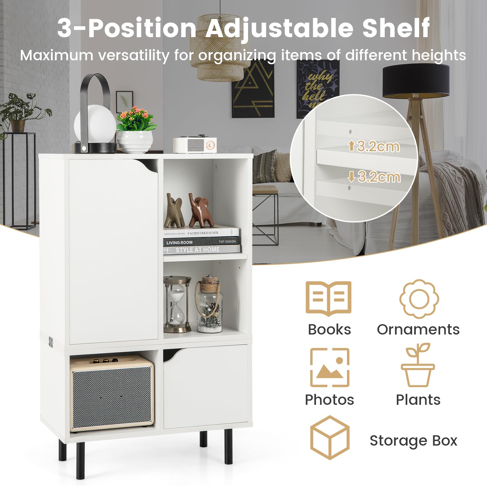 Giantex Stackable Bookcase, Combination Lattice Cabinet, Floor Open Bookshelf w/Adjustable Shelf & Cubes