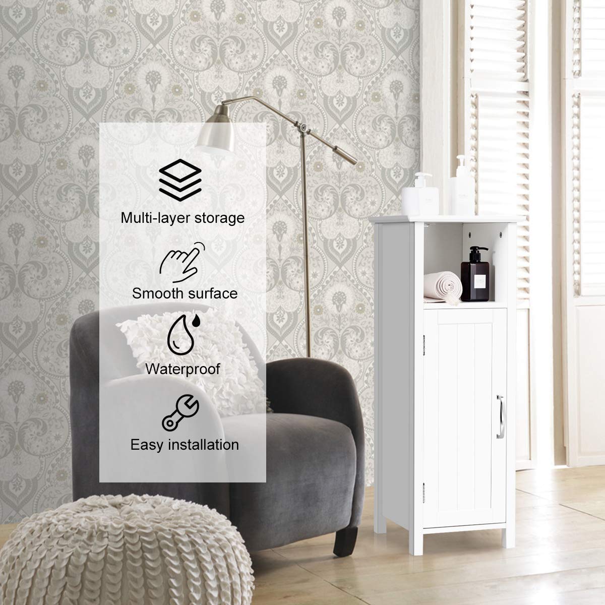 Bathroom Floor Cabinet w/Single Door & Adjustable Shelf, Avoid Tipping Over & Wobbling