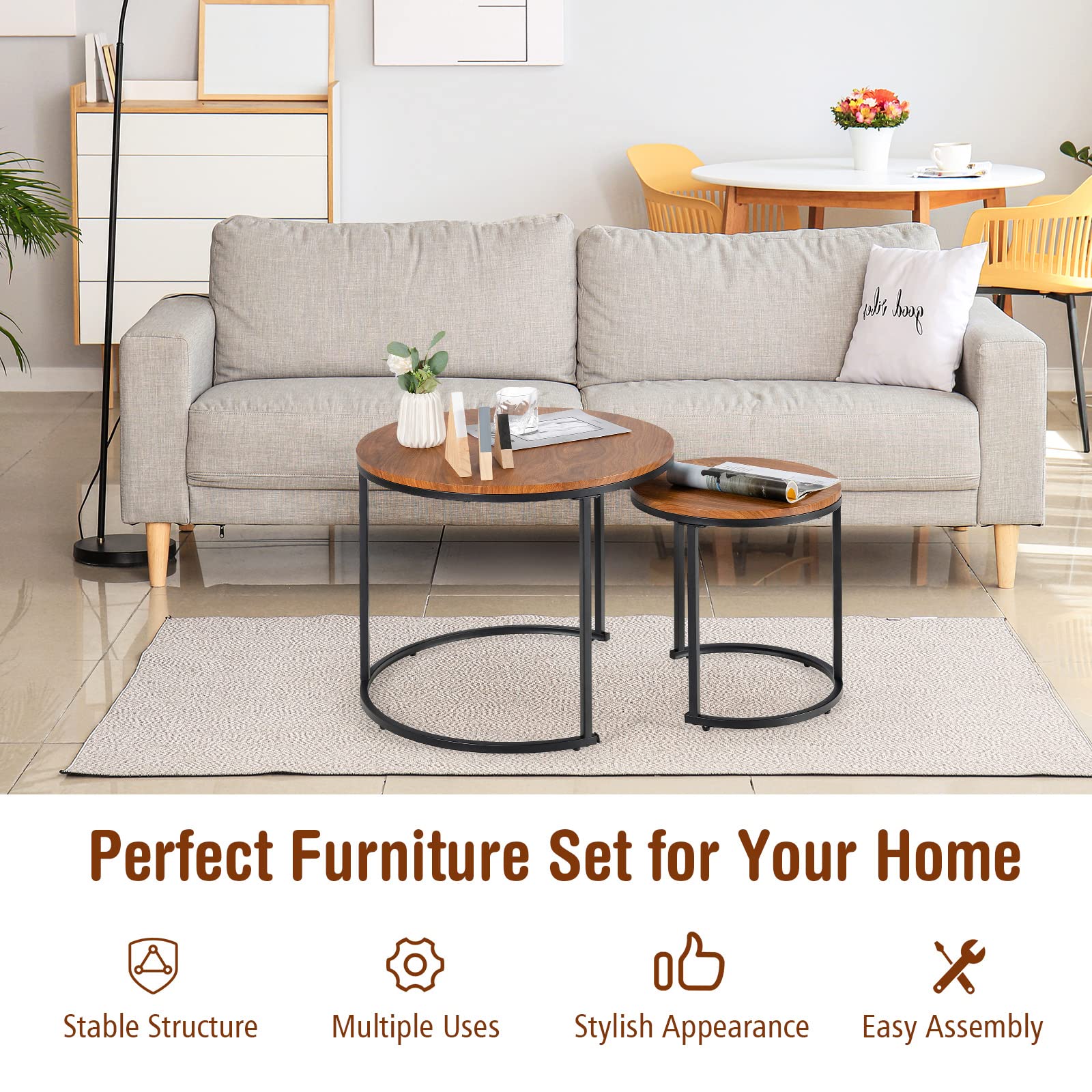 Giantex Set of 2 Compact Stacking Side Tables w/Wooden Tabletop & Powder-Coated Steel Frame