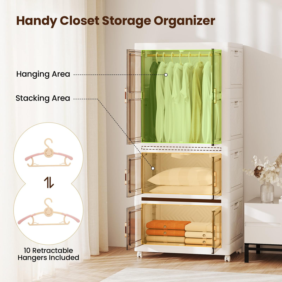 420L Storage Bins with Lid, Portable Plastic Wardrobe Closet Organizer with 10 Hangers