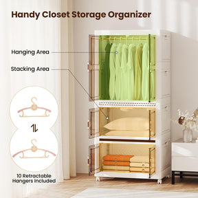 420L Storage Bins with Lid, Portable Plastic Wardrobe Closet Organizer with 10 Hangers