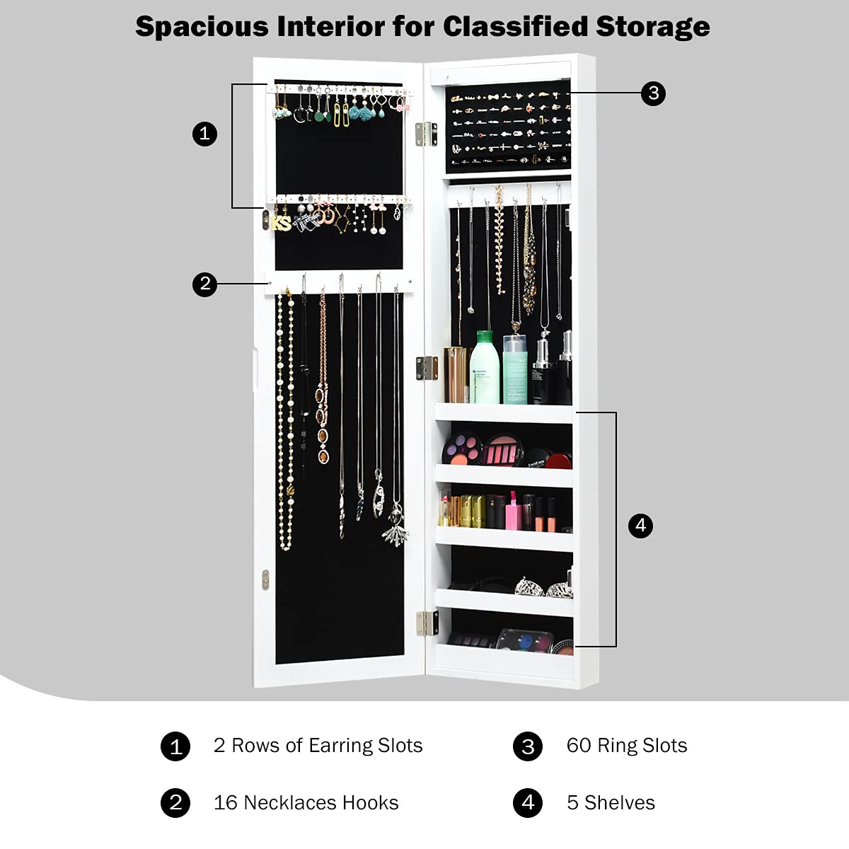 Giantex LED Jewelry Cabinet, Wall Mounted & Door Hanging Jewelry Armoire, Makeup Jewelry Organizer, White