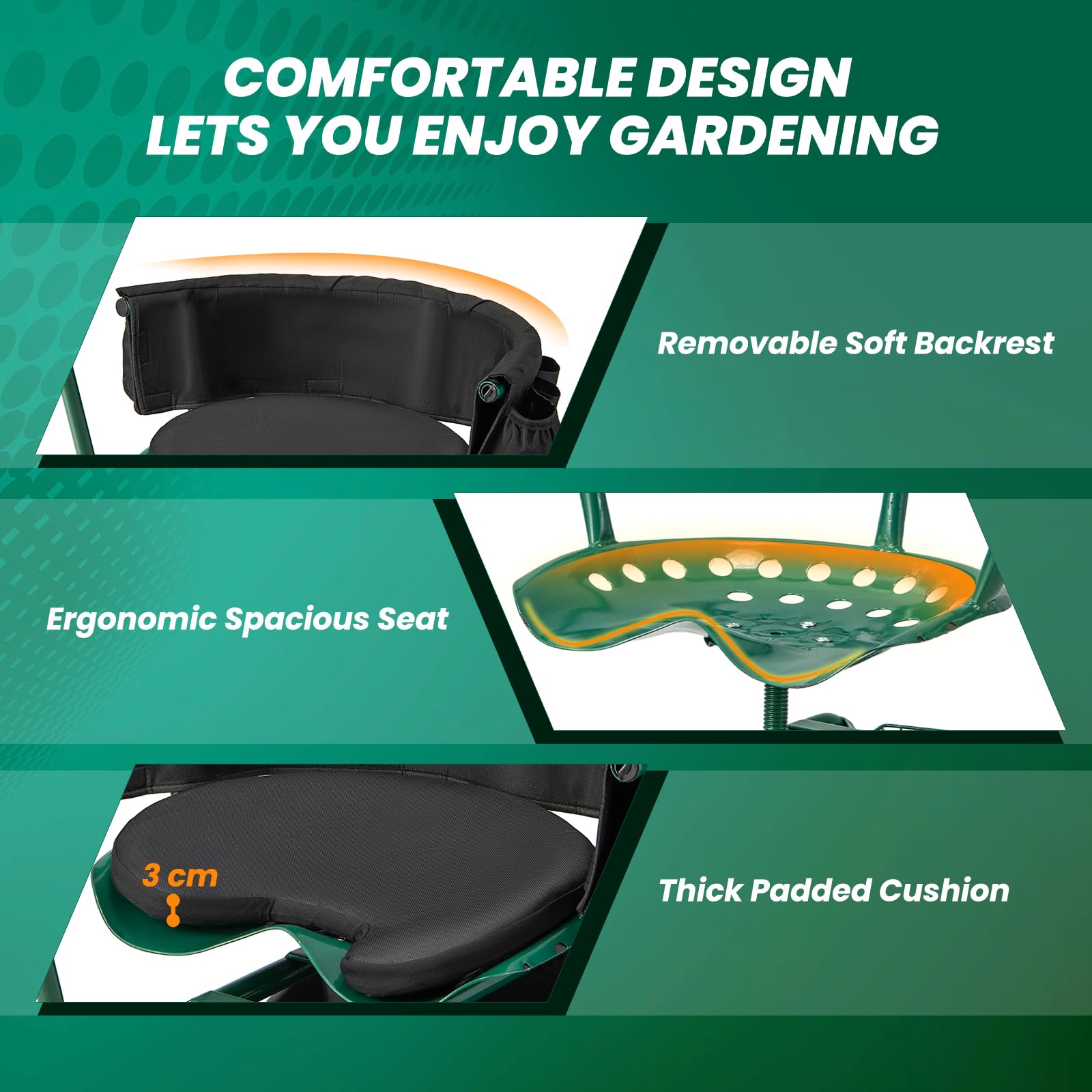 Rolling Garden Cart, Garden Scooter with Seat & Tool Storage, 2 Steering Handles