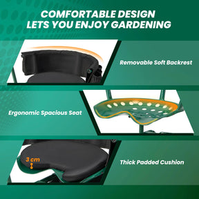Rolling Garden Cart, Garden Scooter with Seat & Tool Storage, 2 Steering Handles