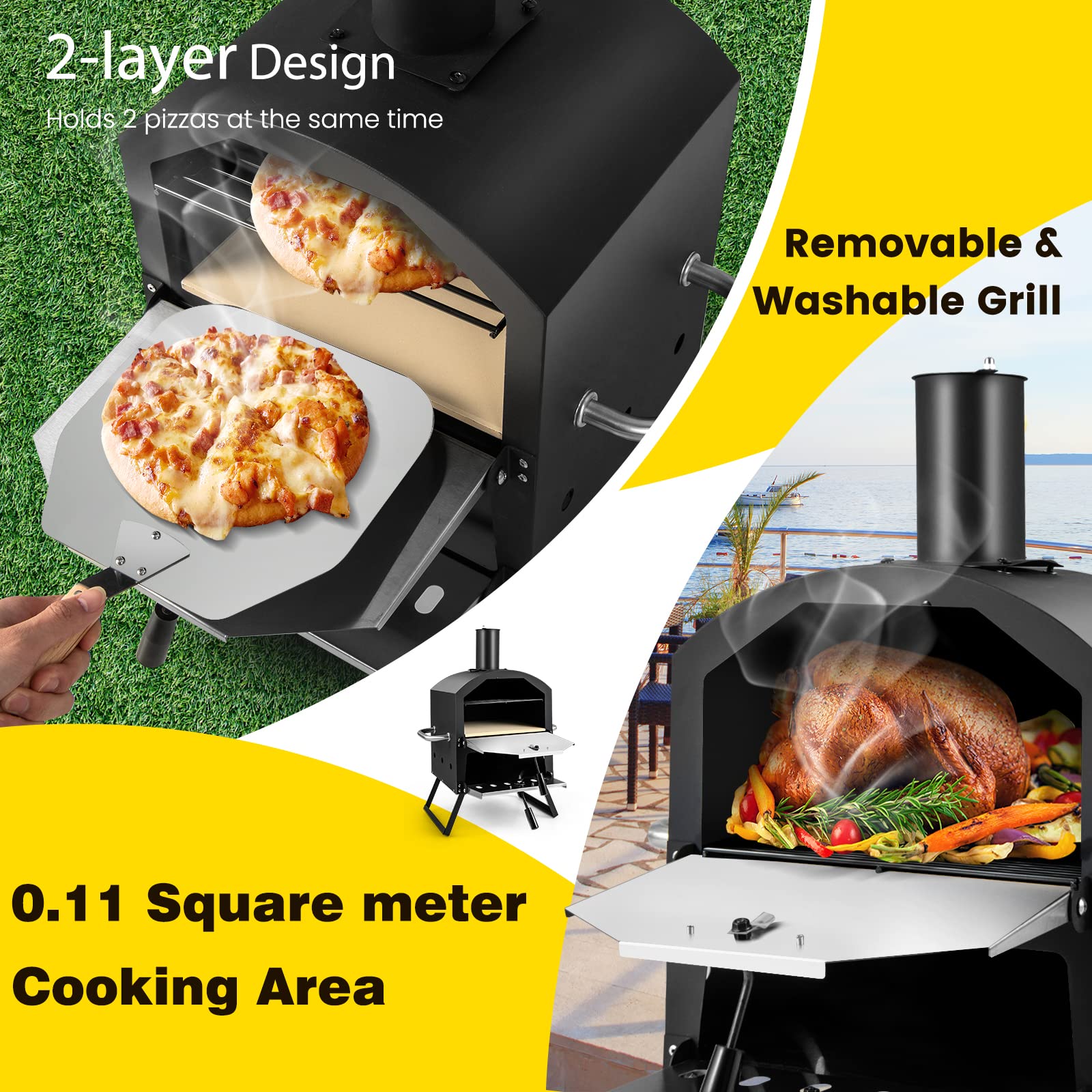 Portable Pizza Oven, Multi-Fuel Outdoor Pizza Maker w/Folding Legs & Portable Handles, 2-Tier Design, Adjustable Air Vents