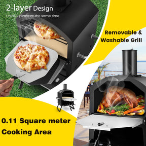 Portable Pizza Oven, Multi-Fuel Outdoor Pizza Maker w/Folding Legs & Portable Handles, 2-Tier Design, Adjustable Air Vents