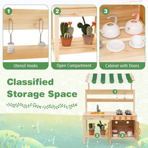 Kids Mud Kitchen with Canopy, Outdoor Wooden Pretend Play Kitchen w/ 4 Stoves, Sink, Faucet, Black Boards & Accessories