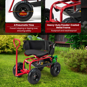 Rolling Garden Cart Scooter, Outdoor Heavy-Duty Gardening Cart w/ 26cm Tires, Swivel Seat