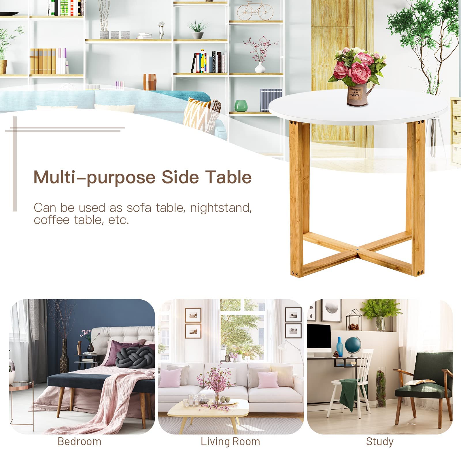 End Side Table, Round Coffee Table, Bedside Sofa End Table w/Bamboo Legs, Waterproof Surface, Wooden Nighstand