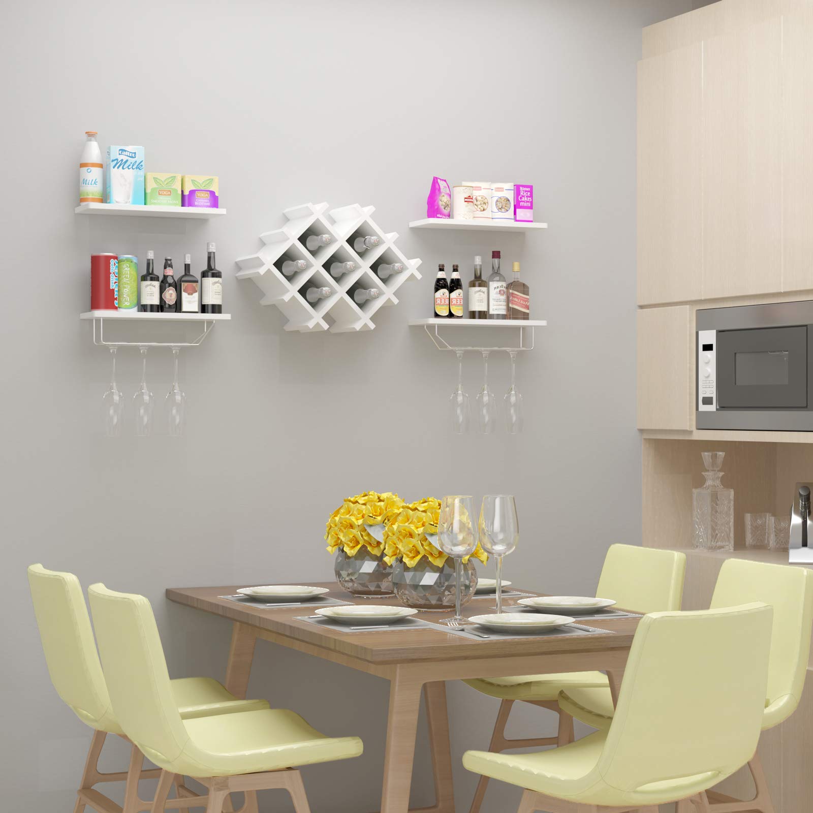 Giantex Set of 5 Wall Mounted Wine Rack Set w/Storage Shelves and Glass Holder