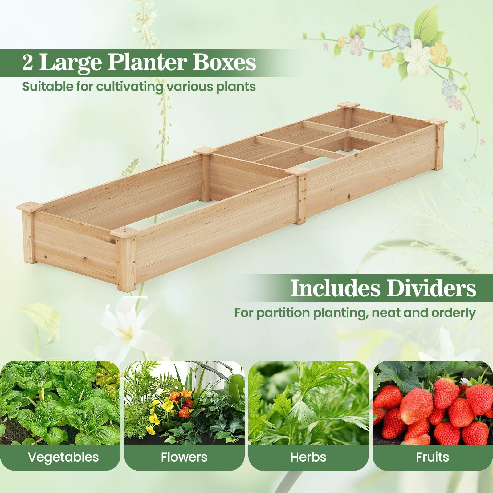 Wooden Raised Garden Bed with 2 Planter Boxes and Dividers