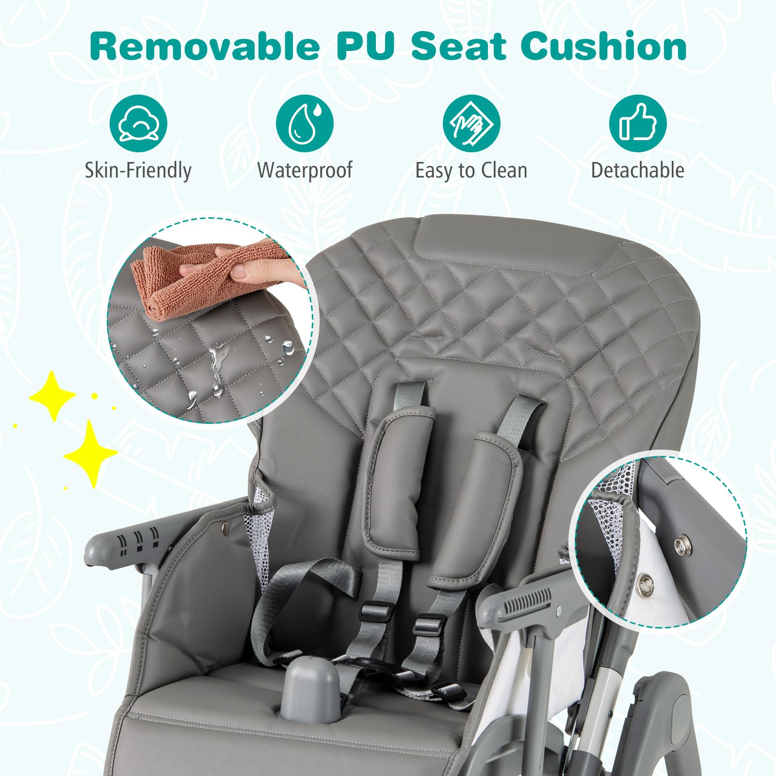 Portable Adjustable Highchair with Footrest, Detachable Tray, Easy to Clean PU Seat Cushion