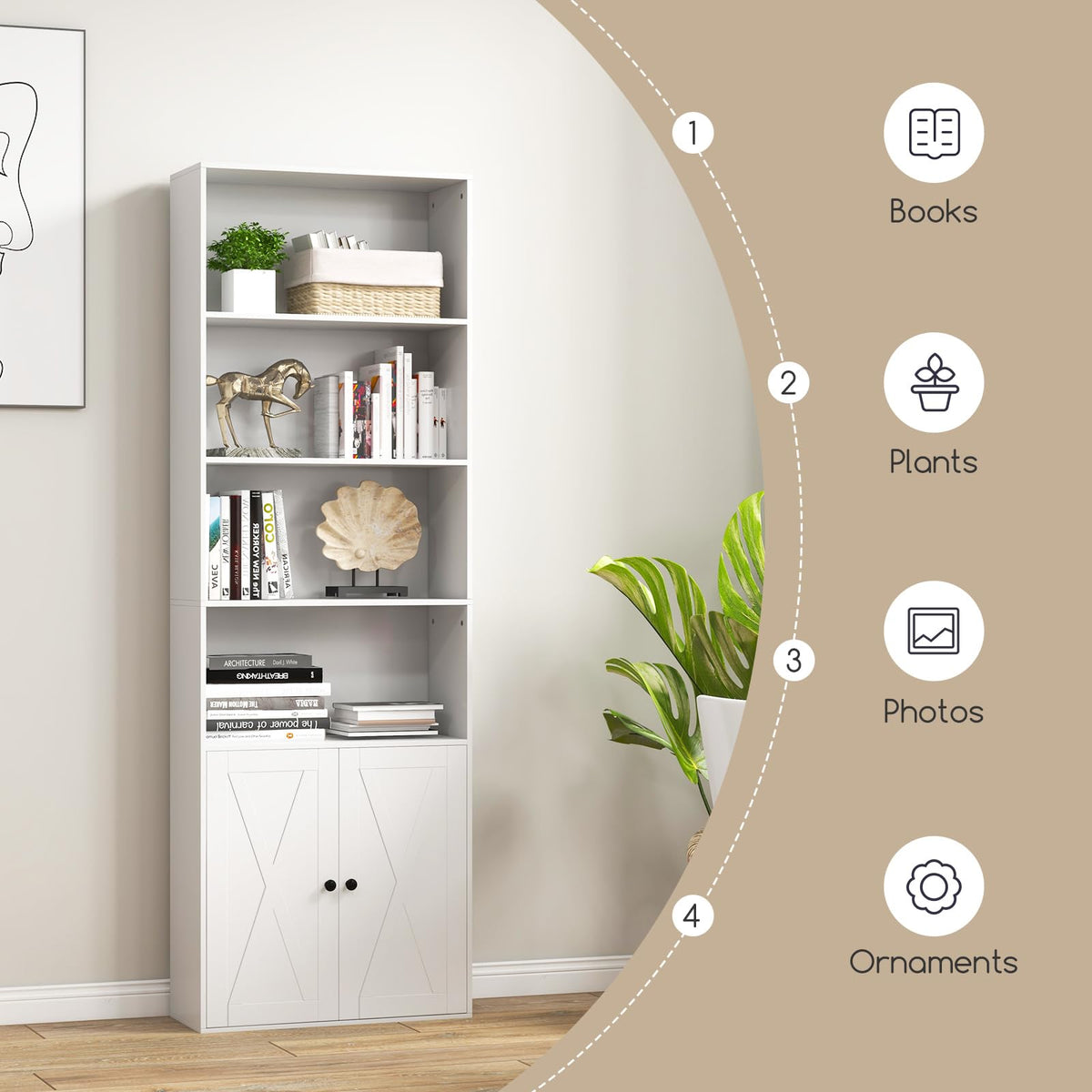 Farmhouse Bookcase with Doors, 180cm Freestanding Bookshelf with 6 Shelves & 2-Door Cabinet
