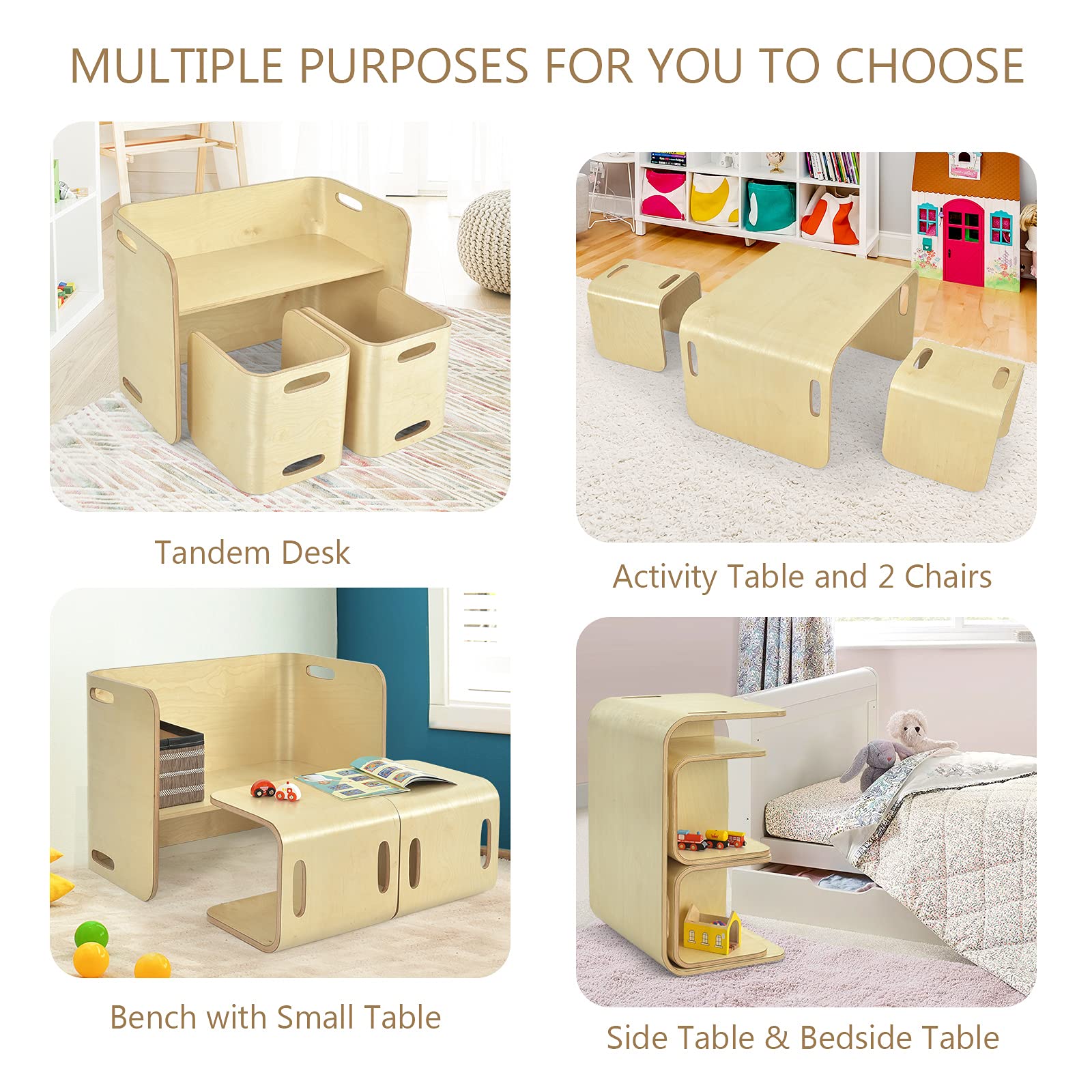 Kids Table and Chair Set, 3 Pieces Wooden Activity Table Bench w/Storage Shelves