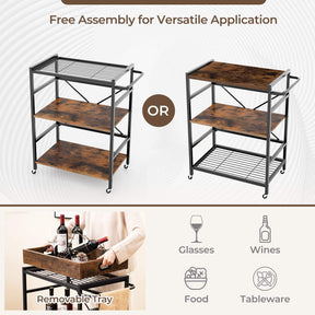 3-Tier Bar Cart, Industrial Serving Cart with Detachable Tray, 4 Lockable Casters & 1 Handy Handle