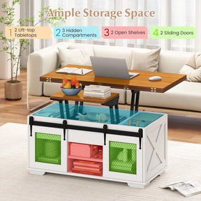Lift Top Coffee Table, 105cm Farmhouse Center Table with 2 Sliding Barn Doors