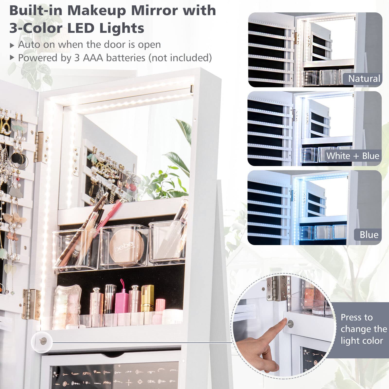 Giantex 161CM(H) Jewelry Armoire with Full Length Mirror 360° Swivel, 3-Color LED lights