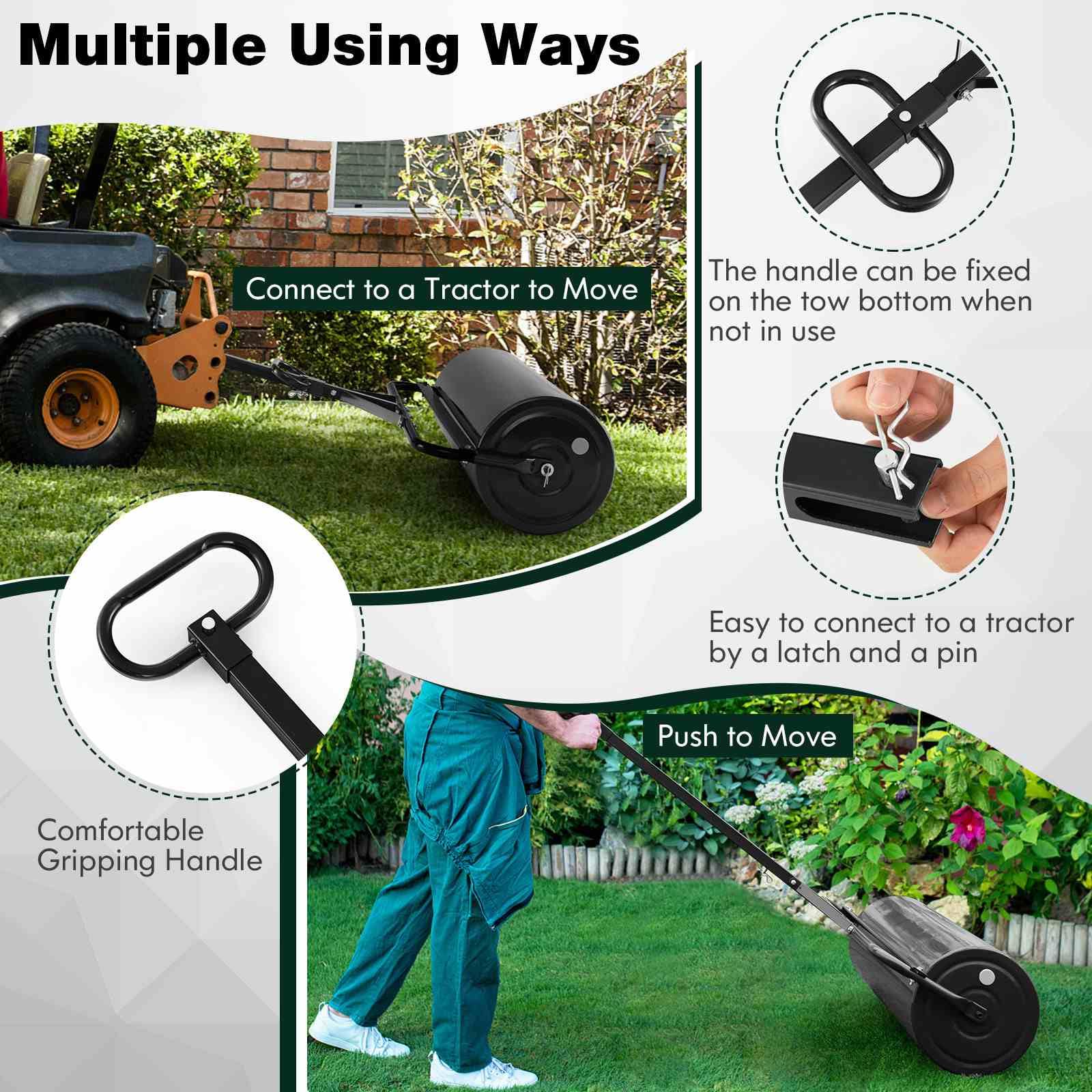 Metal Lawn Roller, Push/Tow-Behind Lawn Roller, 63L Water/Sand-Filled Sod Roller with Detachable Gripping Handle