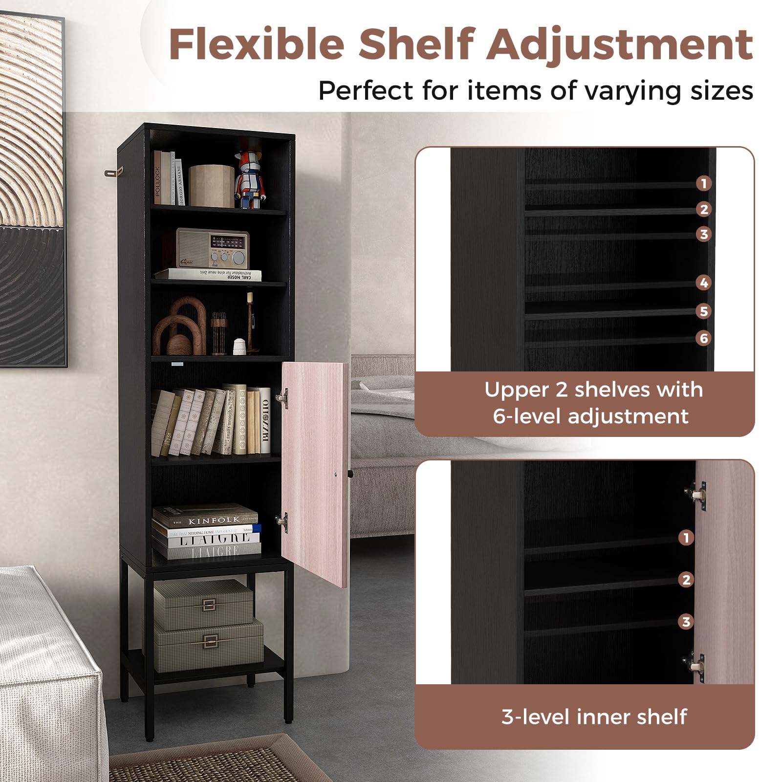146 cm Tall Bathroom Cabinet Slim Cupboard Storage Organizer Adjustable Shelf