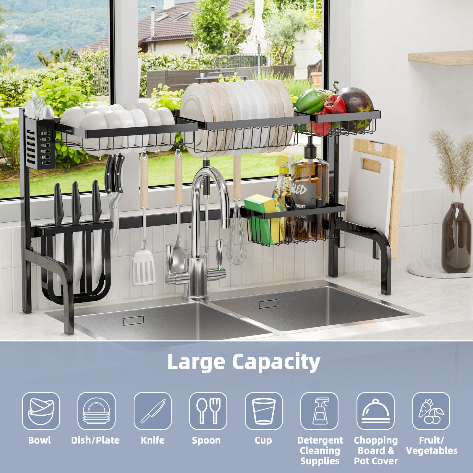 Giantex Dish Drying Rack Over Sink Drainer Cup Plate Holder w/ 8 Hooks Kitchen Organizer, Black