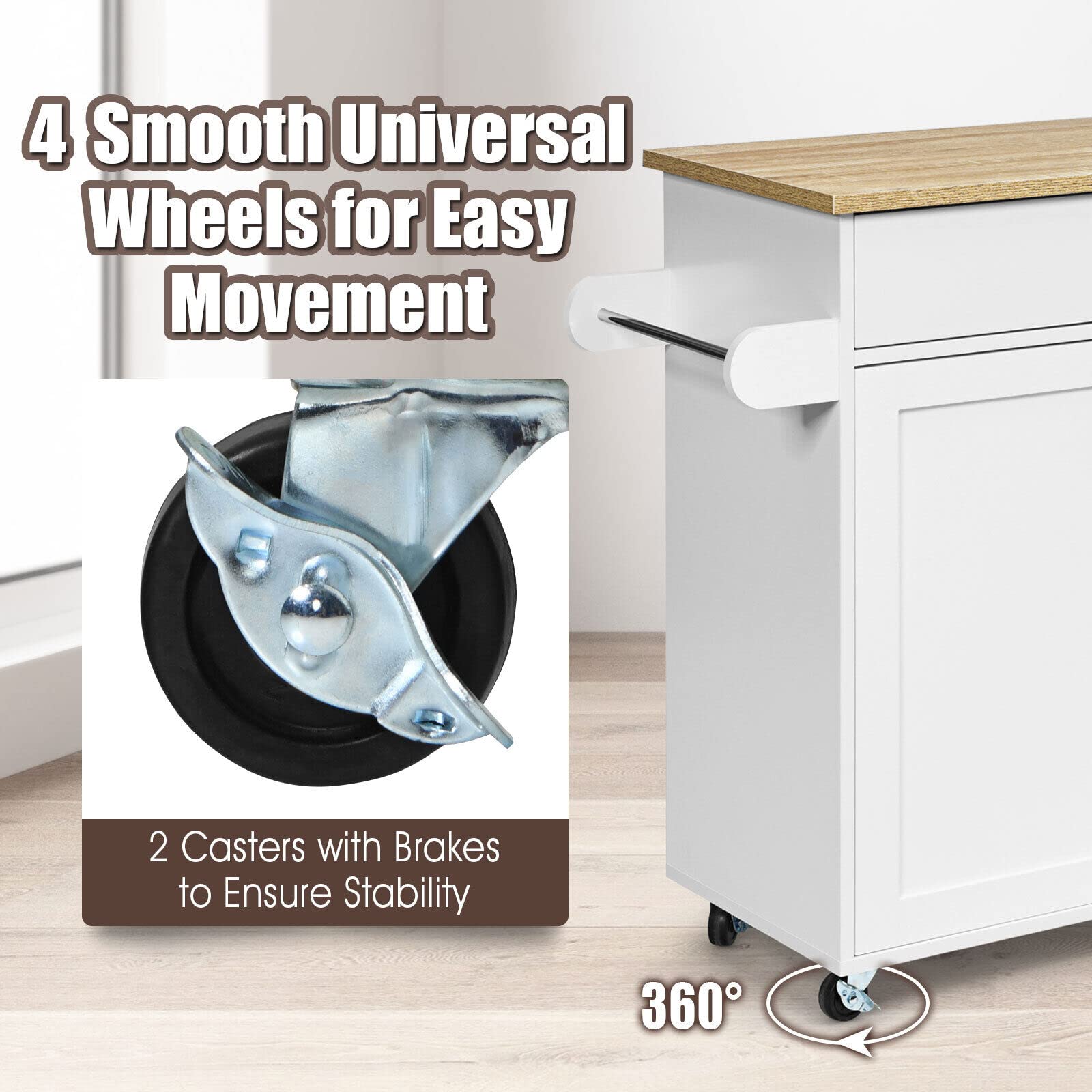 Giantex Wooden Rolling Kitchen Island, Storage Cart Trolley w/ Adjustable Shelf, Spice Storage Sgelf, Towel Rack & Drawer