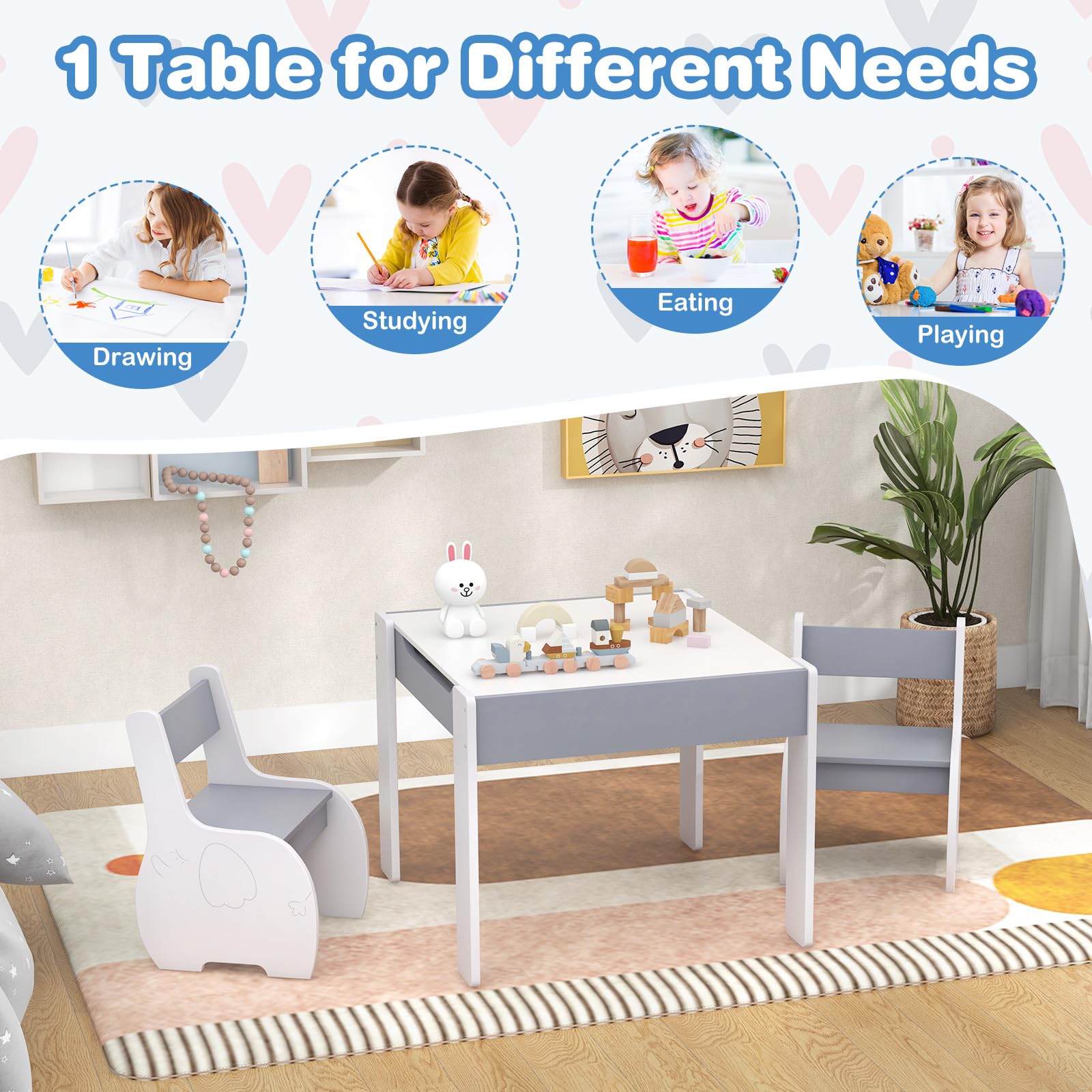 HONEY JOY Kids Table and Chair Set, 3-in-1 Wooden Activity Table and 2 Chairs for Drawing, Studying