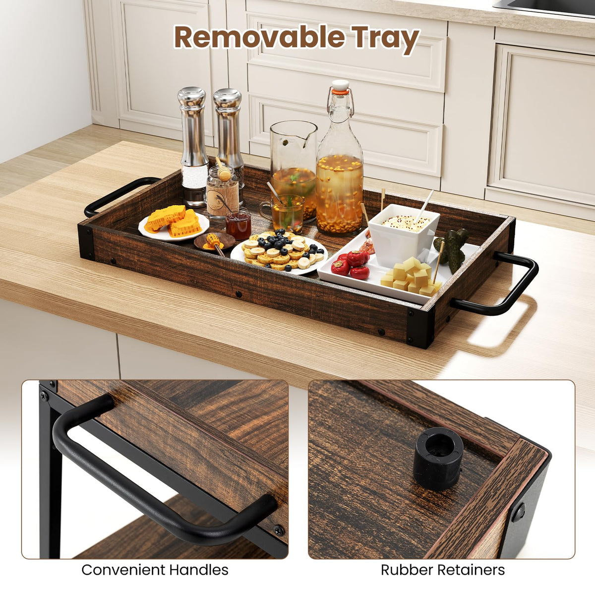 Rolling Bar Cart, Kitchen Serving Cart w/Removable Tray, Wine Rack and Glass Holder