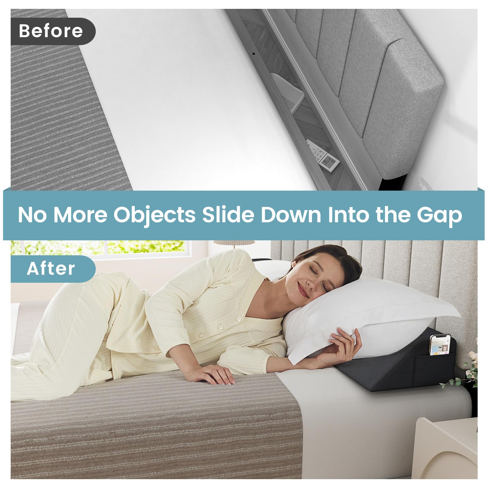 Giantex Full Bed Wedge Pillow for Headboard Gap, Headboard Pillow w/ 2 Storage Pockets