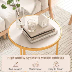Round Side Table, 40 x 40cm End Table w/Marble Top & Golden Metal Frame
